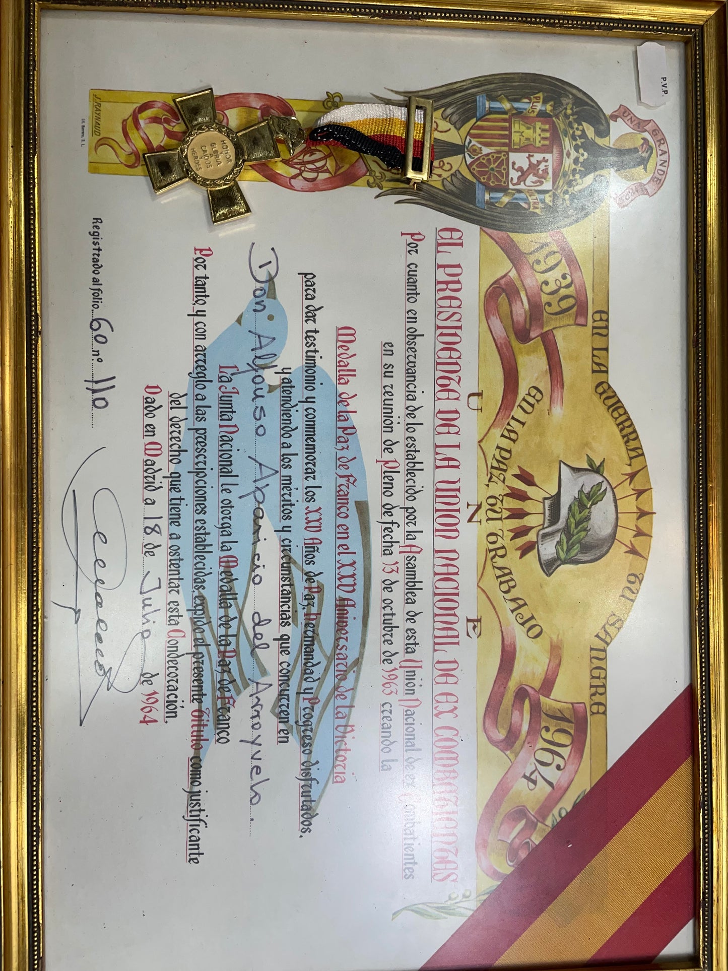 Medalla Paz Guerra Civil España. Con diploma