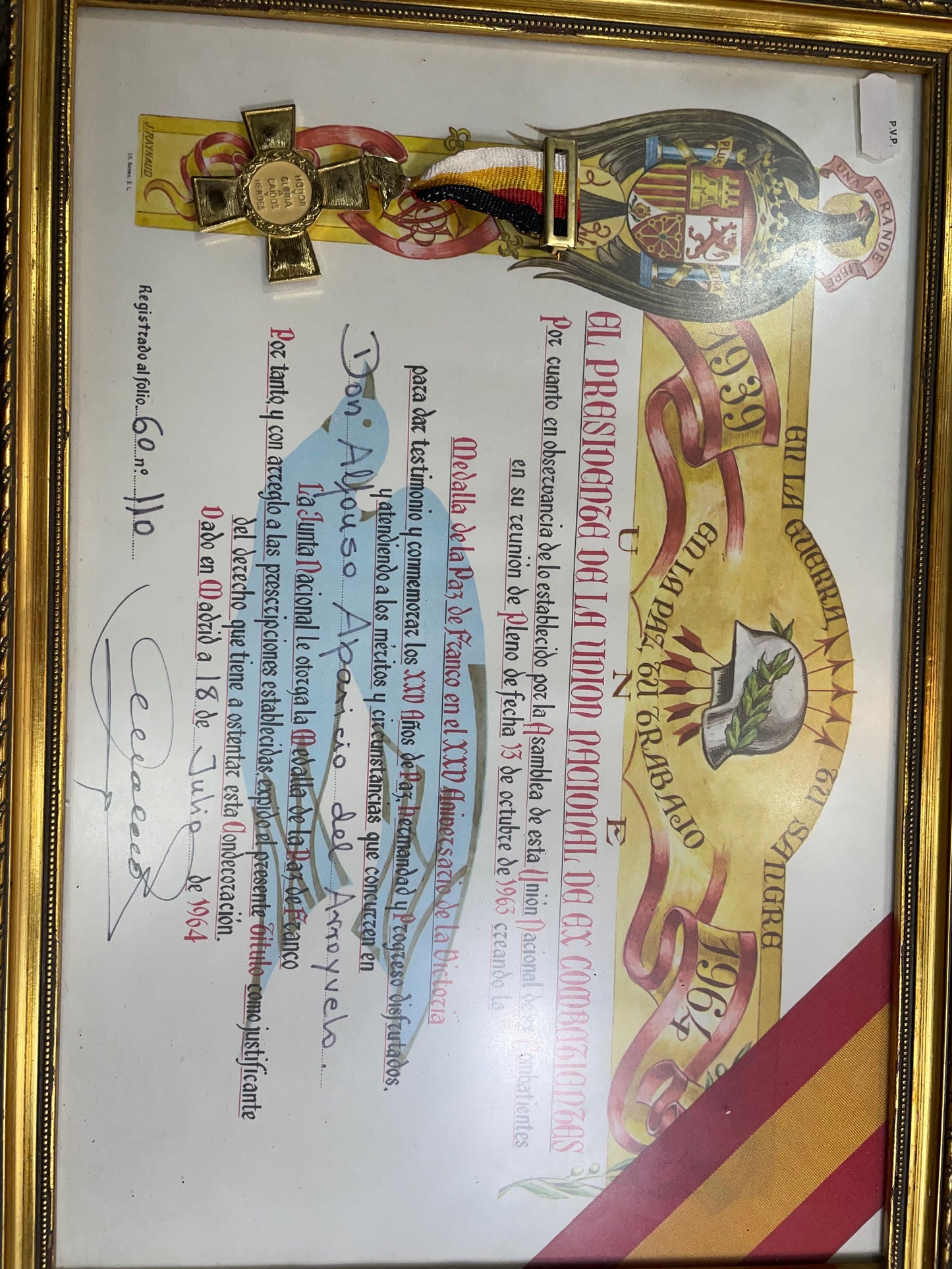 Medalla Paz Guerra Civil España. Con diploma