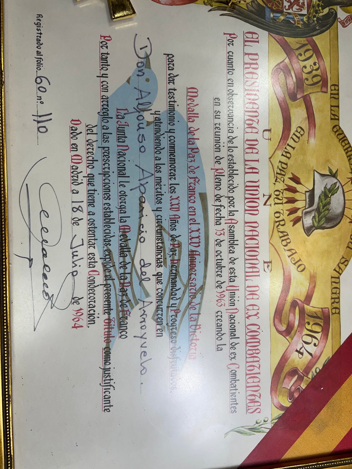 Medalla Paz Guerra Civil España. Con diploma