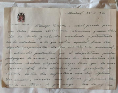Letter, portrait and Signature of General Aranda