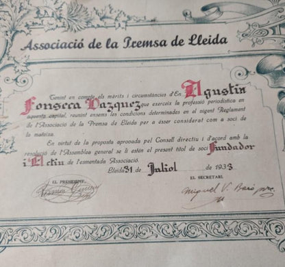 Diploma from the Lérida press association